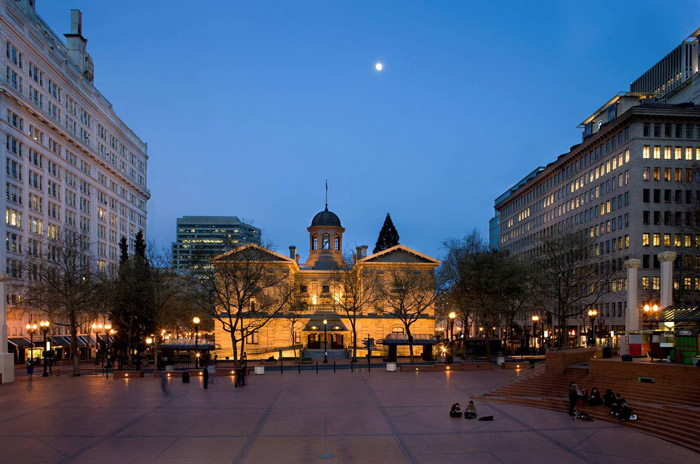 restored Pioneer Courthouse viewed from Pioneer Courthouse Square