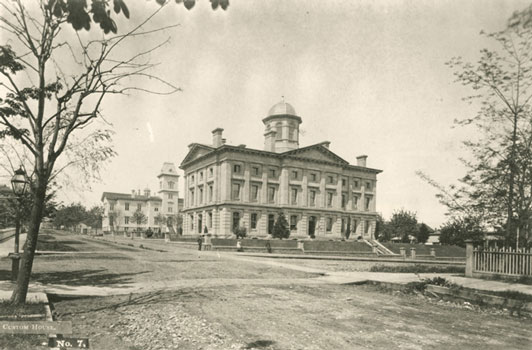 Pioneer Courthouse and the old Central School to the west (where Pioneer Square is now located), circa 1875.