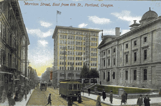 An old postcard captures the view of Pioneer courthouse around the turn of the century.